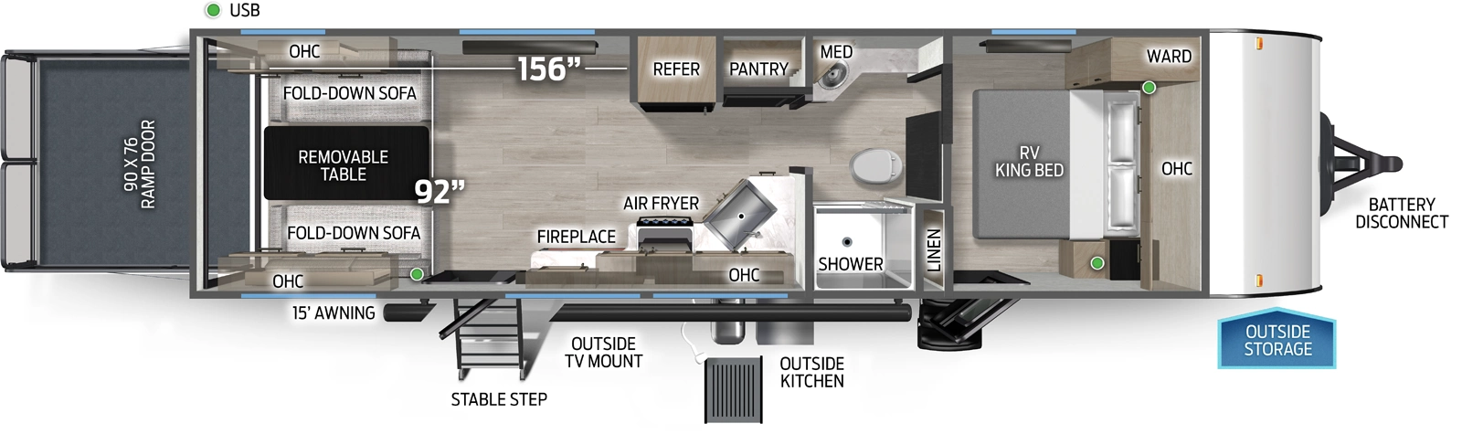 The Cascade 24RRTC floorplan is a toy hauler that has two entries and zero slide outs. Exterior features include: fiberglass exterior, 15' awning and outside kitchen. Interiors features include: front bedroom and pass through bathroom.